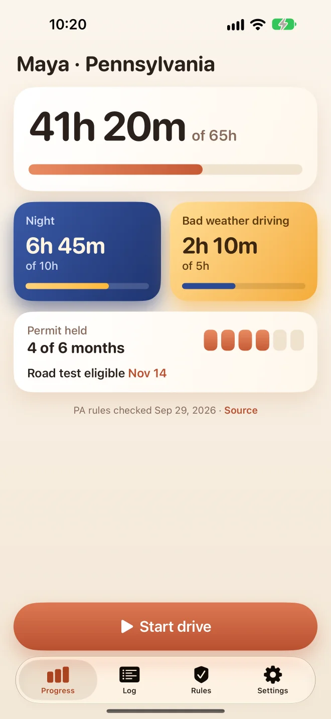 Wheelbook progress screen: 41 hours 20 minutes of 65, night 6 hours 45 minutes of 10
