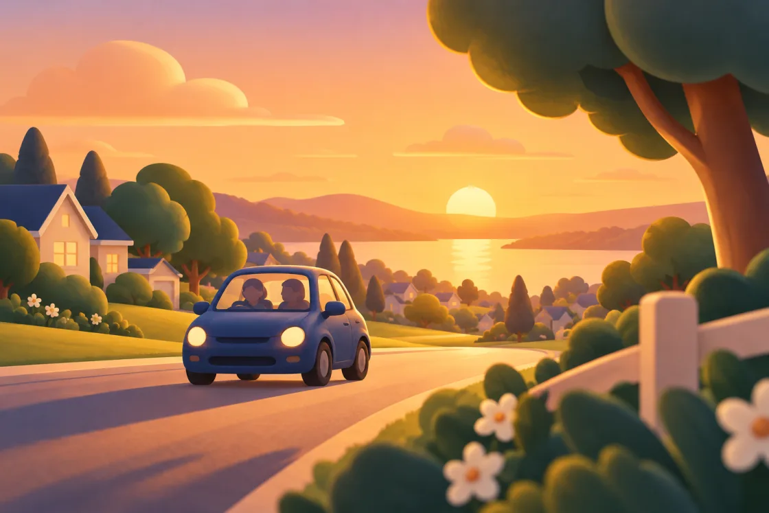 A parent and teen on a practice drive at sunset